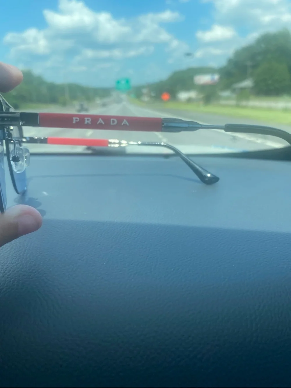 Prada Blue Gradient Rimless Sunglasses with Red Temples